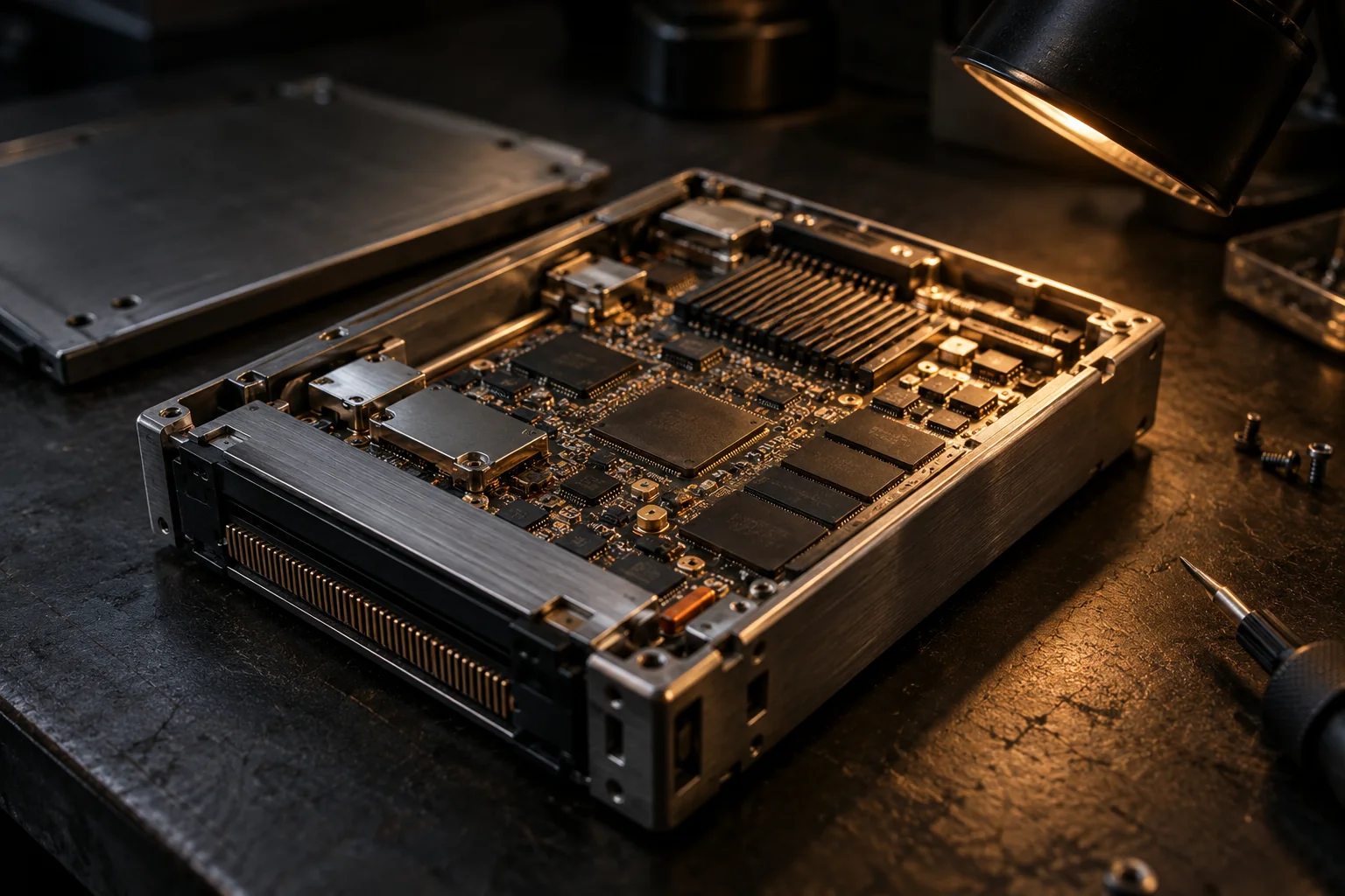 Open server component on a dark workbench under an amber inspection lamp.