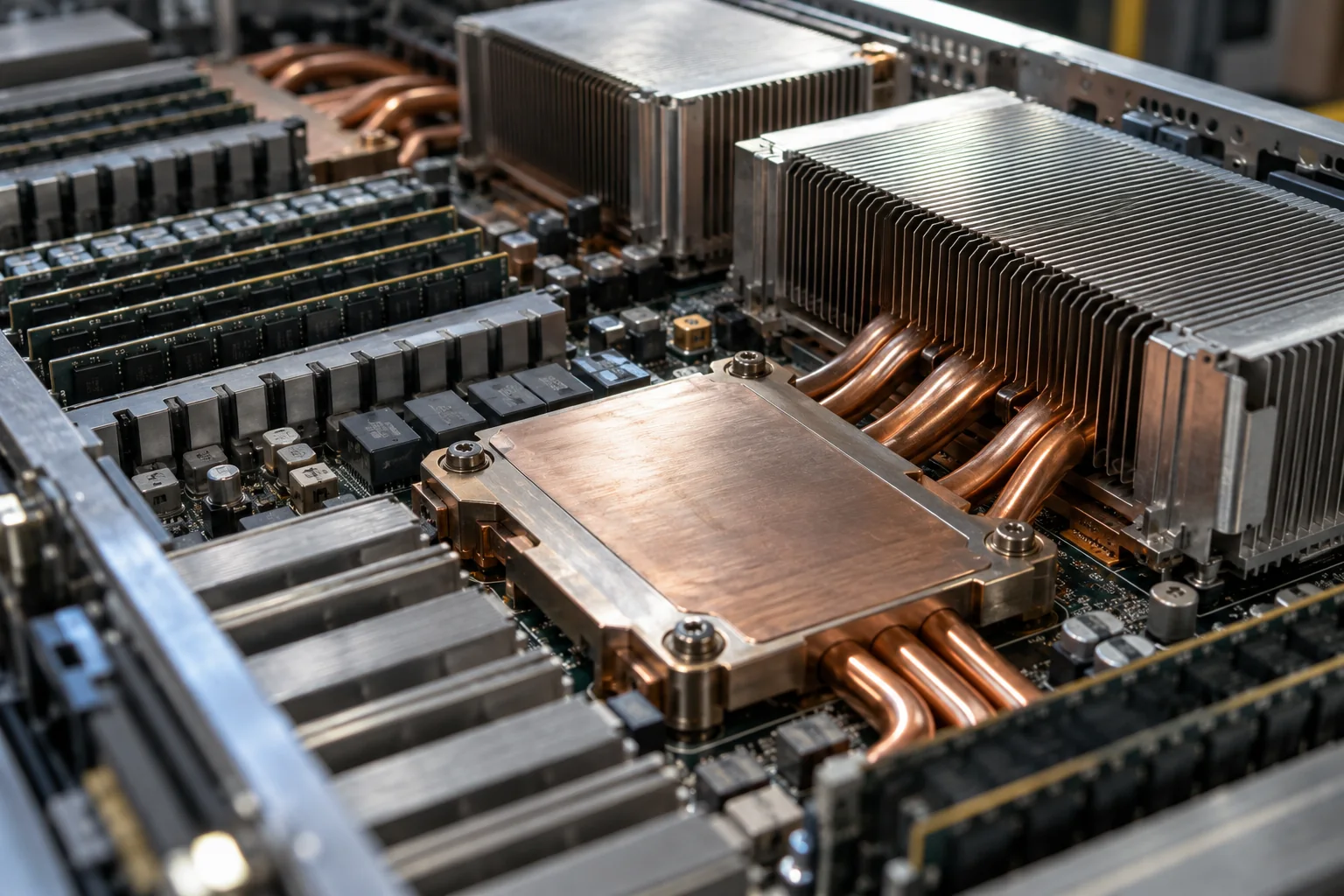 Close-up of server hardware with copper heat pipes and aluminum heatsinks.