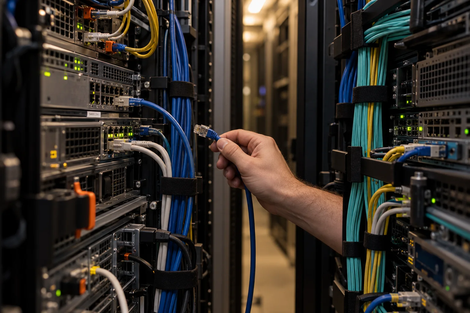 A technician holds a network patch cable between two server racks.