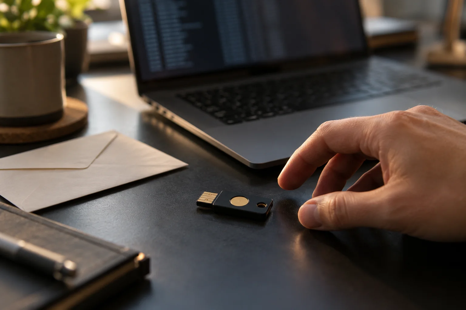 A hand reaches for a hardware security key beside a laptop.