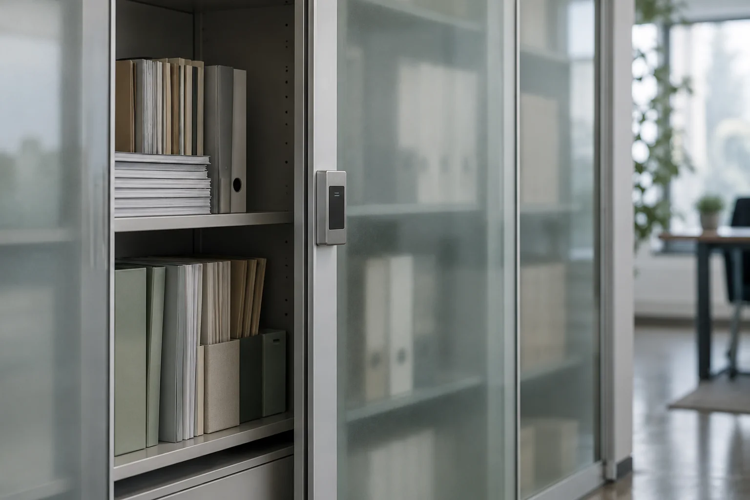 Document folders in an office cabinet with a frosted glass access door.