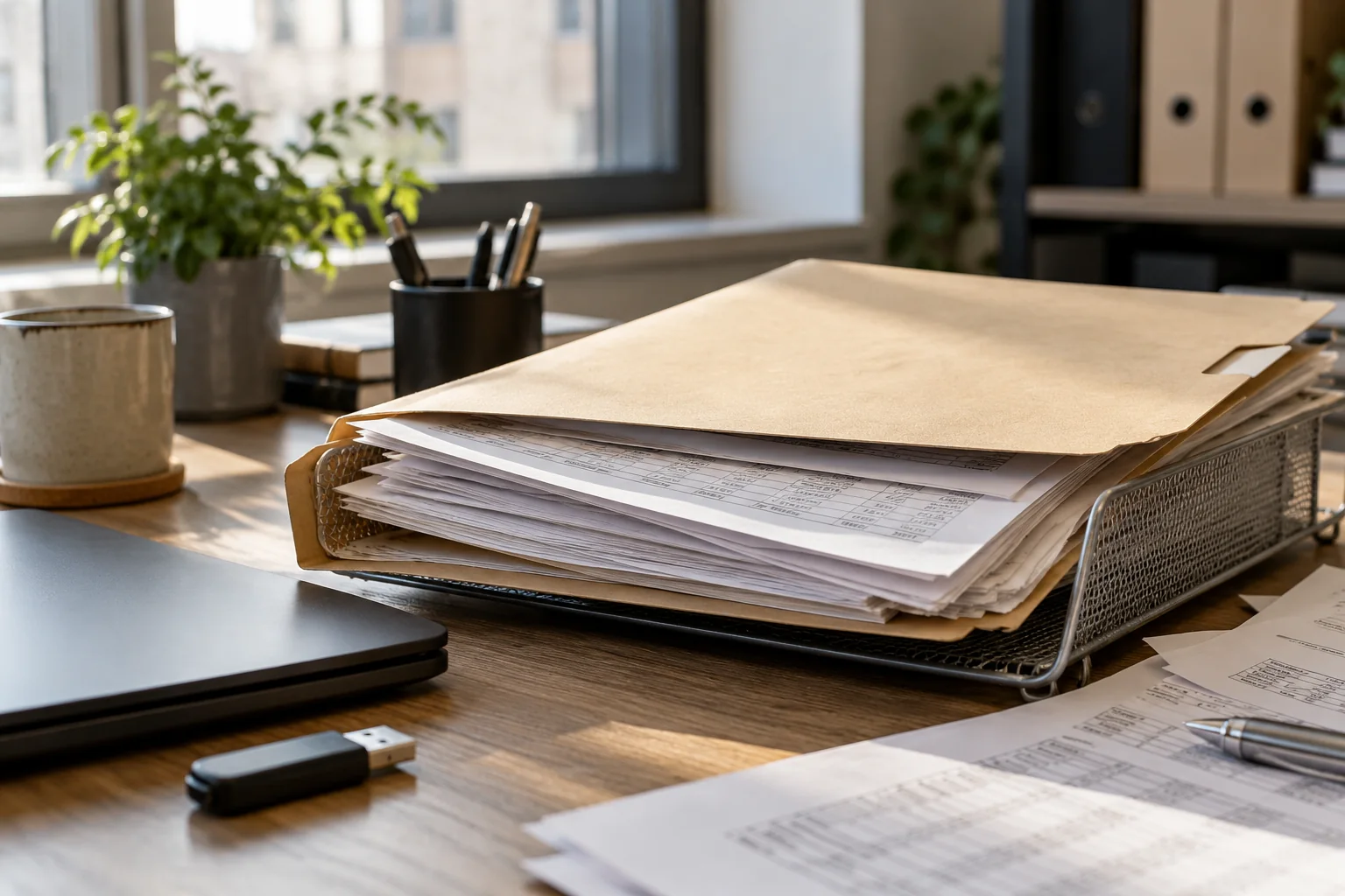 A thick folder of anonymous documents in a metal tray on an office desk.